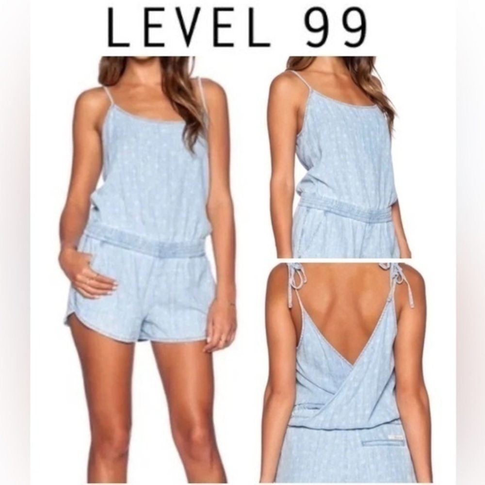 LEVEL 99 Women’s Light Blue Denim Romper with Pockets & Elastic Waist Size XS